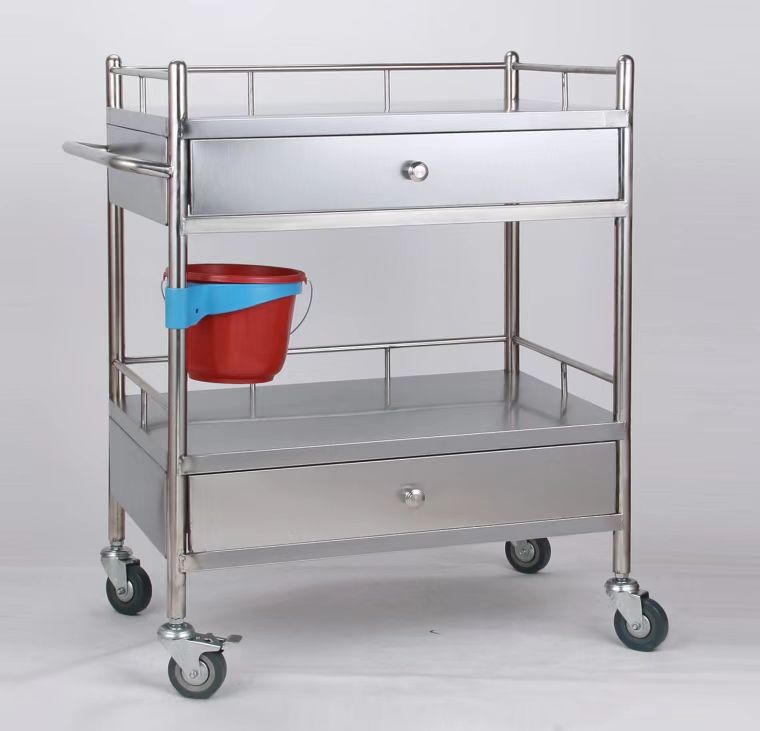 Superior Stainless Steel Two Drawers Instrument Rolling Cart Hospital Trolley with Wheels